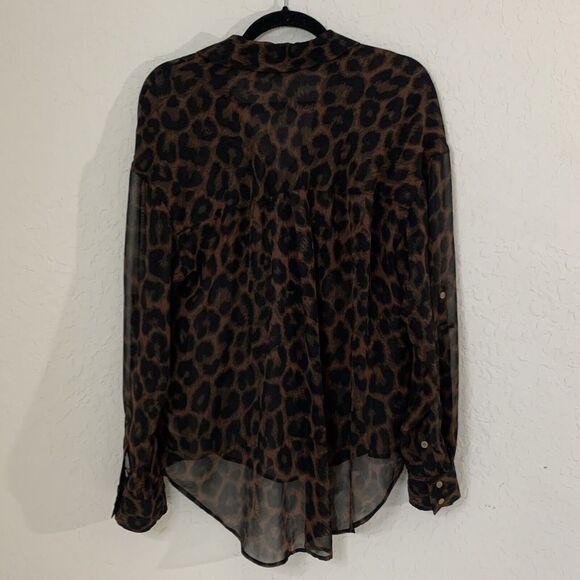 Free People Easy Rider Blouse Leopard Animal Print Sheer Button Down Oversized - Picture 3 of 10
